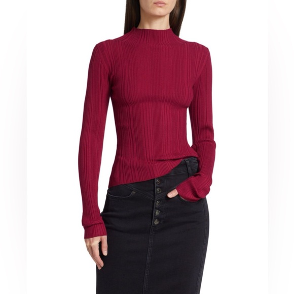 Veronica Beard Vinny Ribbed Long-Sleeve Top in Raspberry Color - Picture 1 of 3
